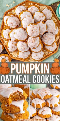 pumpkin oatmeal cookies with white icing on top and in the middle