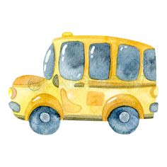 a watercolor drawing of a yellow school bus