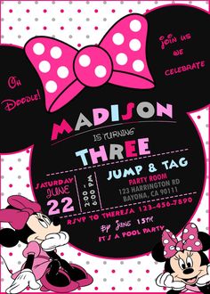 a minnie mouse birthday party with pink and white polka dots on the front, black and white