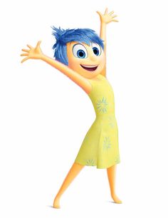 an animated character with blue hair and big eyes, in a yellow dress holding her arms up