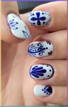 by\n#SamaliKasthuri\n#Summer\n#Nails\n#Ideas Portuguese Tile Nail Art, Latin Nail Art, Talavera Nail Art Simple, Blue Tile Nail Art, Talavera Nails Nailart, Hand Painted Nails Art, Portuguese Inspired Nails, Spanish Tile Nail Art, Blue And White Tile Nails