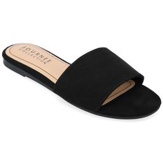 Effortless style meets comfort in the Kolinna slip-on sandal in wide-width from Journee Collection, featuring an open-toe design and convenient slip-on functionality. Crafted from durable faux leather, this sandal boasts a flat sole for easy wear and a 4 mm Tru Comfort Foam™ insole for added comfort. With its sleek silhouette and practical features, this slip-on sandal is the perfect blend of fashion and ease for any casual occasion. Design Slide, Womens Slides Sandals, Black Flats Shoes, Suede Slides, Open Toed Heels, Open Toe Shoes, Shoe Carnival, Womens Slides, Round Toe Heels