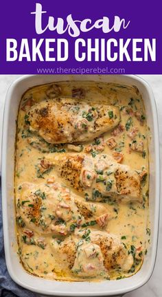 chicken baked in a casserole dish with spinach and parsley on top