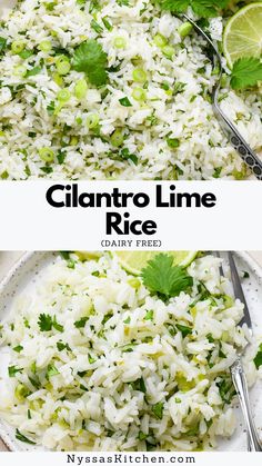 two plates filled with rice and garnished with cilantro limes on the side