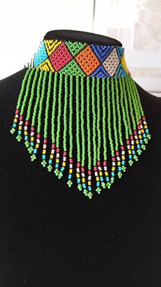 Zulu Beaded Choker, African Choker necklace, Beaded Necklace for women, Tassel necklace, Fringe Neck Adjustable Beaded Necklaces With Dangling Beads For Festivals, Adjustable Beaded Necklace With Dangling Beads For Festivals, Green Beaded Necklace With Large Beads For Festivals, Traditional Multicolor Beaded Necklaces With Fringe, Traditional Multicolor Beaded Fringe Necklaces, Traditional Beaded Fringe Necklace As Gift, Traditional Multicolor Beaded Necklace With Fringe, Traditional Green Beaded Necklaces With Dangling Beads, Green Beaded Necklaces For Jewelry Making And Festivals