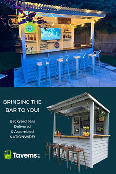 an outdoor bar with stools next to it and the words, bringing the bar to you