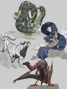 four different types of dragon and other animals on a mountain side with clouds in the background