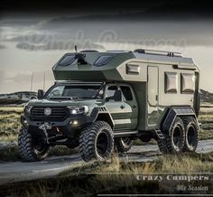 an off - road vehicle parked on the side of a dirt road in front of a field