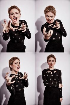 four pictures of a woman making gestures with her hands and mouth open in different ways