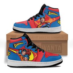 Superman Kids J1 Sneakers Custom Shoes For Kids-Gear Wanta Custom Leather Sneakers For Sports, Custom High-top Sneakers With Branded Insole, Custom Sneakers With Rubber Sole And Round Toe, Custom Sneakers With Rubber Sole For Sports, Custom Lace-up Sneakers With Rubber Sole, Custom High-top Sneakers With Rubber Sole, Custom Slip-on Sports Sneakers With Rubber Sole, Weird Sneakers, Superman Kids