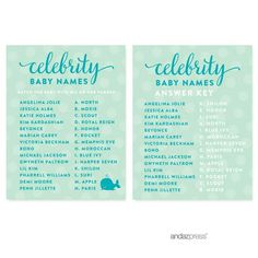 two baby shower game cards with the names of each member