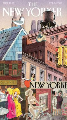 the new york magazine cover features an image of people walking and riding bicycles in front of buildings