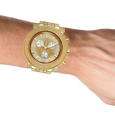 This Joe Rodeo Tyler diamond watch features 2.00 carats of diamonds, a round polished Yellow Gold stainless steel case, scratch-free crystal glass, individually numbered and engraved stainless steel case-back. Yellow Gold Stainless steel band. Fine Swiss-made quartz movement. Water-resistant to 100 m (300 ft). This men's diamond watch by Joe Rodeo comes with two interchangeable bands in different colors. The patented strap adjusts once for a perfect fit, and comes on and off with the press of a button. Yellow Gold Chronograph Round Watch Accessories, Yellow Gold Chronograph Watch Accessories, Modern Watches With Diamond Hour Markers In Diamond White, Gold Stainless Steel Diamond Watch With Round Dial, Modern Diamond White Watch With Diamond Hour Markers, Modern Diamond White Watches With Diamond Hour Markers, Yellow Gold Diamond Watch With Subdials, Gold Chronograph Watch With Diamond Hour Markers, Modern Anniversary Watches With Diamond Accents