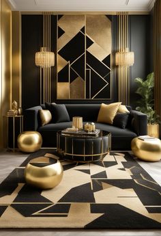 a black and gold living room with modern decor on the walls, couches and tables