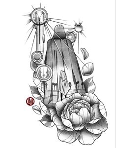 a black and white drawing of a rose with an arrow in the middle, surrounded by other symbols