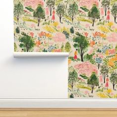 a wallpaper with trees and flowers on it