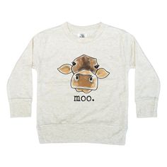 "Moo" Long Sleeve Crew Neck Shirt **No fleece lining Few animals are more universally loved than a cow! All of our children loved making the "moo" sound as toddlers, and continued to be excited every time they saw a cow even as they got older. If your child is the same way, this shirt is a super comfortable way to share it! Sizes available include: 2T, 3T, 4T, 5T, Youth XS (4-6), Youth S (6-8), Youth M (8-10) **Shirts have been reviewed as true to size.  SCROLL DOWN FOR SIZE CHART  WHAT MAKES US DIFFERENT? - Our clothing is inspired by realistic images of the things our kids LOVE. From tractors to chickens to mountains and forests, we strive to create unique illustrations for babies and kids of all ages.  - Our clothing is made with a polyester/cotton blend that is SUPER SOFT and won't shr Family Matching Long Sleeve Tops With Cartoon Print, Cute Long Sleeve Soft-washed Tops, Casual Long Sleeve Tops With Cow Print, Casual Long Sleeve Cow Print Top, Cute Unisex Long Sleeve T-shirt, Relaxed Fit Cotton Cow Print Top, Fall Cow Print Cotton Tops, Cow Outfits, The Moo