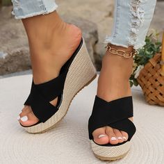 variants1 Open Toe Wedge Sandals With 4-inch Heel, Chic Black Wedge Sandals With 4-inch Heel, Slip-on Platform Wedge Sandals With Open Toe, Summer Synthetic Wedge Sandals With 4-inch Heel, Synthetic Open-toe Wedge Sandals With Textured Sole, Beige Color, Wedge Shoes, Platform Sandals, Pump Shoes