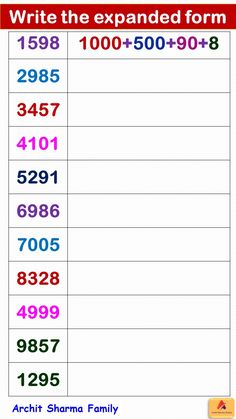 a table with numbers that are written in different colors and font, including the words write the expanded form