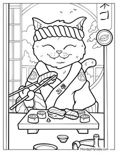 a coloring page with an image of a cat eating food from a bowl and chopsticks