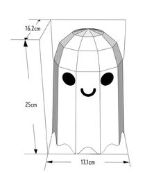 a paper box with an image of a face on the front and bottom, measurements for each