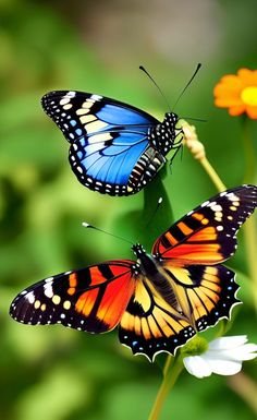 two butterflies sitting on top of a flower