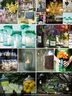 a collage of mason jars filled with flowers and candles