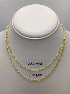 "14K Yellow Gold Textured Oval Rolo Chain Necklace, 16\" To 24\" Inch, 2.5mm 3.5mm Thick, Real Gold Chain, Hollow Gold Chain, Woman Rolo Chain High quality, elegant and shiny Textured Oval Rolo Chain Necklaces. All our chains are crafted from guaranteed 100% 14K gold. Width: 2.50 MM 16\" - 2.1 Gram 18\" - 2.3 Gram 20\" - 2.5 Gram 24\" - 3.0 Gram Width: 3.50 MM 16\" - 3.5 Gram 18\" - 4.0 Gram 20\" -4.5 Gram METAL: 14K YELLOW GOLD HOLLOW GOLD CHAIN SHIPPED FROM NEW YORK CITY FREE SHIPPING on all o Gold Oval Chain Necklace For Anniversary, Gold Oval Cable Chain Necklace, Anniversary Oval Link Cable Chain Necklace, Anniversary Cable Chain Necklace With Oval Links, Anniversary Oval Link Chain Necklace, Gold Oval Rolo Chain Necklace, Formal Yellow Gold Chain Necklace, Tarnish Resistant, Classic Hallmarked Yellow Gold Chain Necklace, Yellow Gold Tarnish-resistant Oval Link Chain Necklace