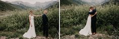 the bride and groom are posing for pictures on their wedding day at the mountain top