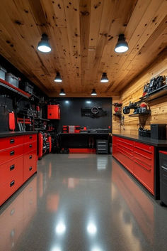 This garage reflects modern cabin interior design ideas with smart storage, durable flooring, and energy-efficient lighting. A high-tech security system keeps gear safe. Explore garage designs here. Garage Clubhouse, Gear Room Ideas, Modern Cabin Interior Design, Cabin Interior Design Ideas, Construction Trailer, Garage Storage Plans, Modern Cabin Interior, Garage Workshop Layout, Garage Designs