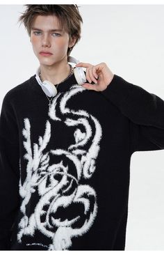 BJHG wool-blend sweater, rib knit crewneck/hem/cuffs, dragon graphic outlined in fleece and logo embroidered at front. Composition - Acrylic, Nylon, Polyester Sizing: US/EU Regular Fit Male Model: 185cm/62kg 6’1/137lbs wearing size XL Female Model: 168cm/45kg 5’6/99lbs wearing size XL Streetwear Jacquard Knit Crew Neck Sweater, Jacquard Knit Crew Neck Sweater For Streetwear, Crew Neck Winter Streetwear Sweater, Winter Streetwear Sweater With Ribbed Cuffs, Winter Jacquard Knit Sweater For Streetwear, Winter Crew Sweater With Ribbed Collar, Crew Neck Sweater With Ribbed Cuffs For Winter, Dragon Sweater, Dragon Graphic