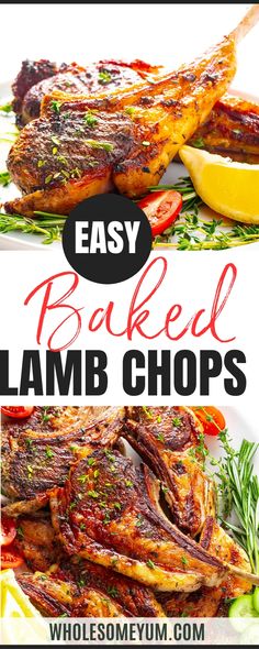 baked lamb chops on a plate with lemon wedges