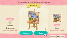 an animal crossing game with the caption do you want to save this custom design?