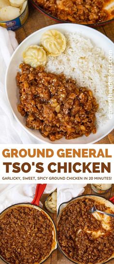 ground general tso's chicken is served with rice and bananas