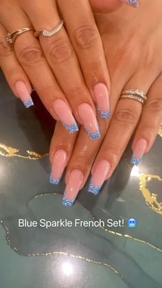 Prom Night Nails, Royal Blue French Tip Nails Sparkle, Silver Blue French Tip Nails, Blue Glitter Nails French Tip, Baby Blue Glitter Acrylic Nails, Sparkly Tip Acrylic Nails, Blue Glitter Nail Tips, Sparkly Blue French Tip Nails Almond, Hoco Nails Acrylic Blue