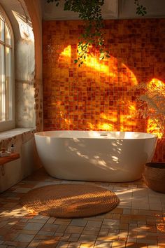 19 Trendy Bathroom Tile Ideas That WOW Amber Tiles Bathroom, Golden Hour Bathroom, Colored Tiles Bathroom, Burnt Sienna Bathroom, Bathroom Orange Accents, Orange Bathroom Aesthetic, Sunset Bathroom Theme, Orange Bathroom Tiles