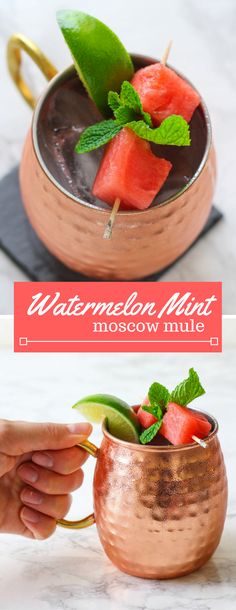 watermelon mint moscow mule in a copper mug