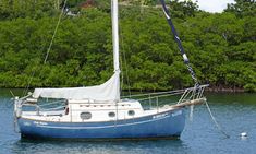 a sailboat in the water near some trees