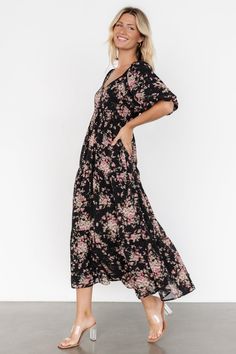 Evelette Dress | Black + Mauve Floral Deep V Maxi Dress, Neutral Florals, Three Tiered Skirt, Semi Casual, Baltic Born, Dress Cream, Chiffon Material, Cream Dress, Cup Size