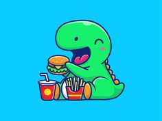 a cartoon dinosaur eating a hamburger and fries