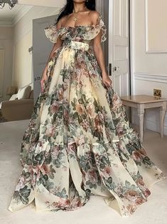 Floral Chiffon Maxi Dress, Long Dresses Elegant, Chiffon Floral, Pastel Palette, Bygone Era, Ruffled Maxi Dress, Dress Elegant, Floral Chiffon, Shoulder Design