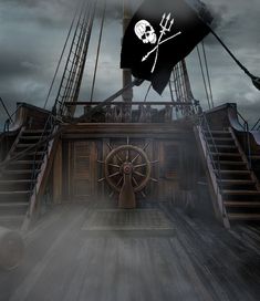 a pirate ship with a skull and crossbones on it's flag flying over the deck