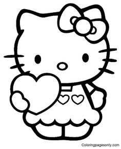 hello kitty holding a heart coloring page