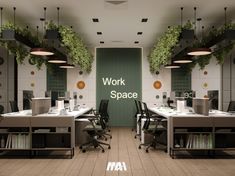 an office with two desks and plants hanging from the ceiling above them that says work space