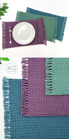 the placemats are knitted in different shades of purple, green and blue