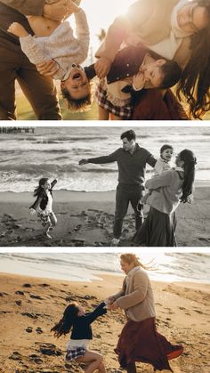 four different pictures of people playing on the beach