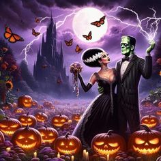 a man and woman dressed up in halloween costumes standing next to each other with pumpkins on the ground