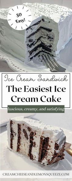 a slice of ice cream sandwich cake on a white plate with the title overlay