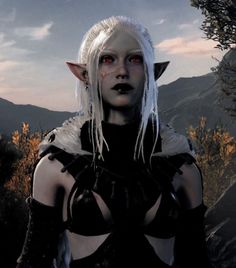 a woman with white hair and red eyes standing in front of a mountain range at night