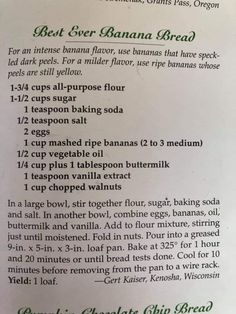 the recipe for banana bread is shown in green and white writing on a piece of paper